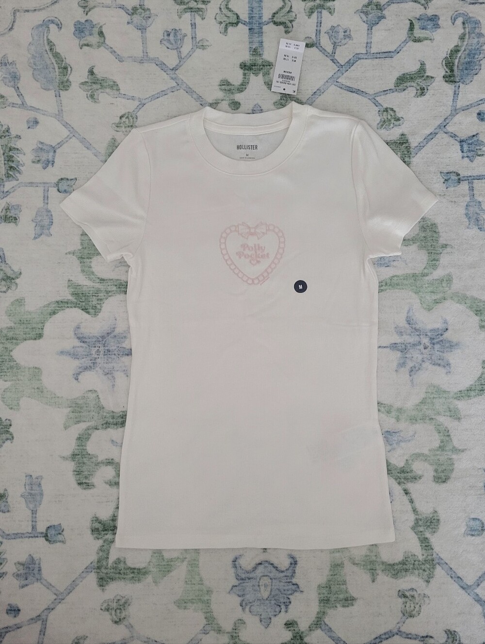 Hollister White Short Sleeve Tee with Pale Pink Heart Graphic